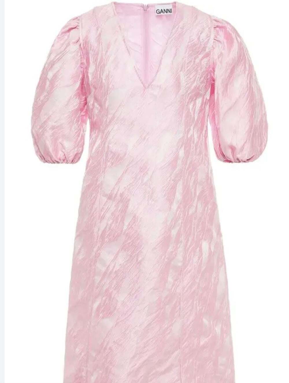 Ganni Pink Metallic Jacquard Puff Sleeve V-Neck Midi Dress